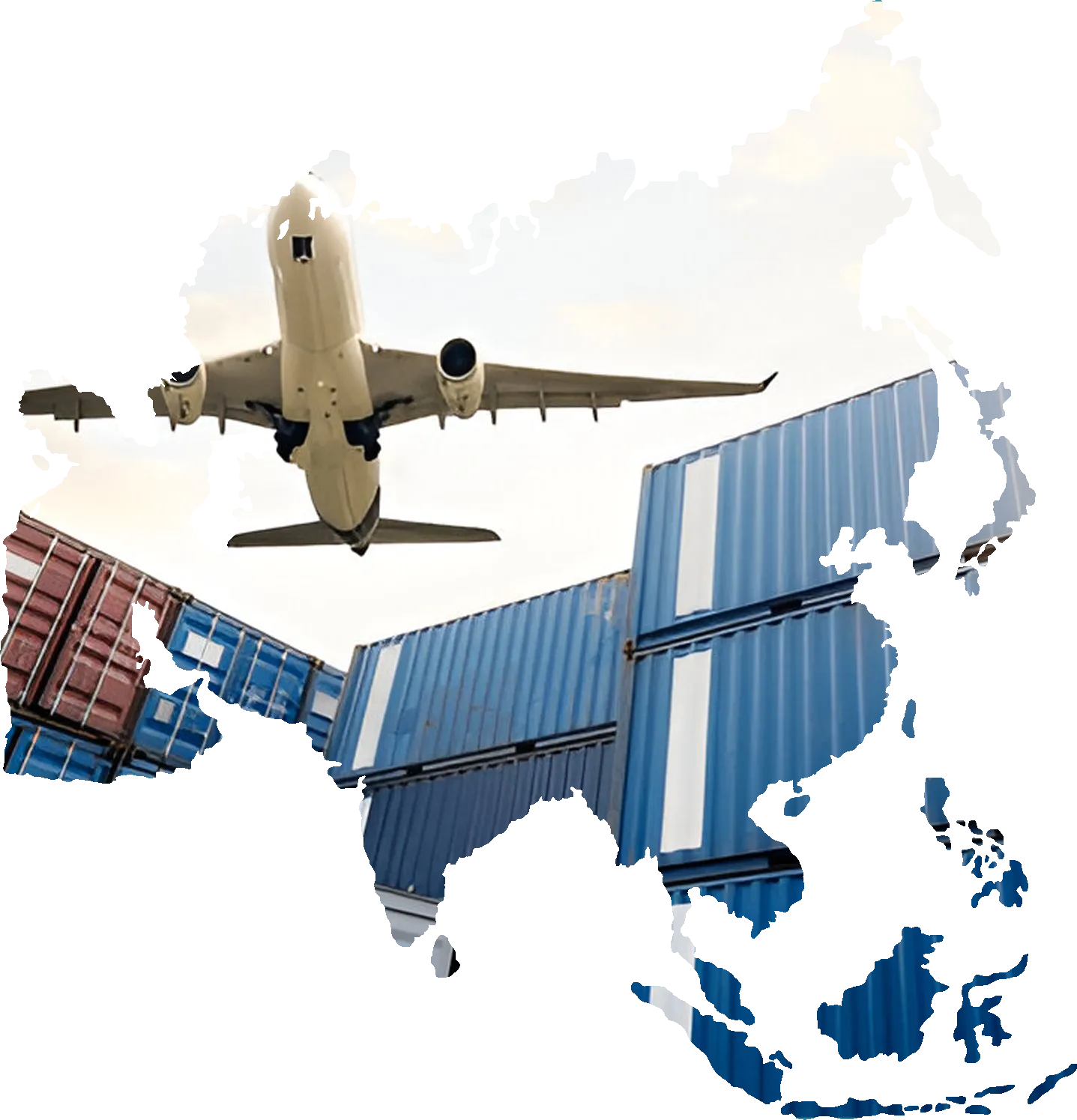 Cargo plane taking off above stacked shipping containers